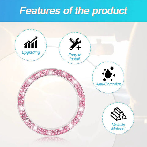 Close-up of Pink Car Start Button Bling Ring Set 2 Pack Crystal Rhinestone Decals showing shiny pink design and metallic finish.