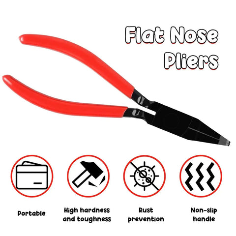 Flat Nose Pliers with red handles and black metal tips featuring portable design, rust prevention, and non-slip grip.