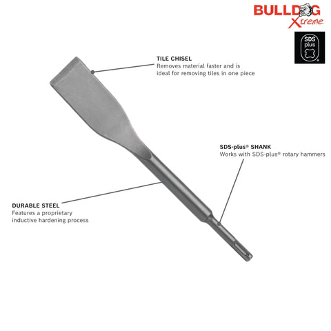 Tile Chisel For SDS Plus Hammer Quick Tile And Grout Removal With Flat Spade Design And Self Sharpening Edge Bosch Bulldog Xtreme