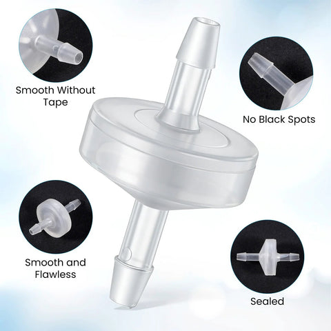 Plastic check valves, 10-pack, 1/8-inch hose barb, clear, one-way valves for water, fuel, air, gas.