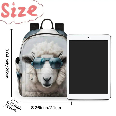 Mini Backpack Purse For Women With Adjustable Straps, Cute Sheep Print Small Daypack shown with a tablet for size comparison