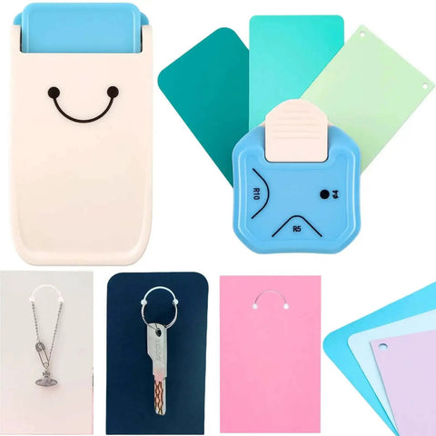 3 In 1 Hangtag Punch Kit With Portable Hole Punch And Rounded Corner Cutter, displaying keychain and jewelry card samples.