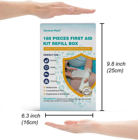 160 Piece First Aid Kit Refill Set For Home, Travel, And Work with box size dimensions shown, featuring medical supplies image