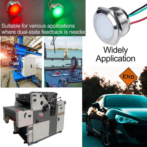 Collage showcasing 22mm Dual Color Metal LED Indicator Light Waterproof Common Cathode Red And Green With Wires 12V To 24V Lamp uses