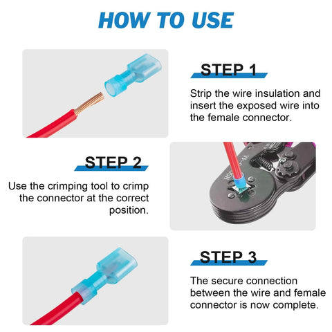 Ftimda 90-piece nylon insulated female spade connector kit for 12-10/16-14/22-16 AWG wires infographic