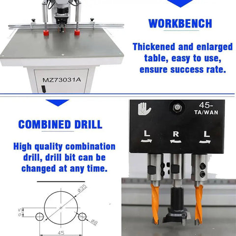Pro Grade Pneumatic Hinge Boring Insertion Machine For Woodworking Three Hole Vertical Drill Press Features Workbench and Combined Drill