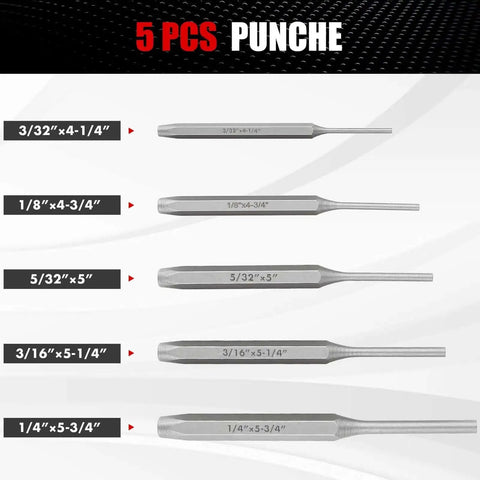 Pro Grade 16 Piece Punch And Chisel Set detailed view, showing five chrome vanadium punches in various sizes for metalworking.