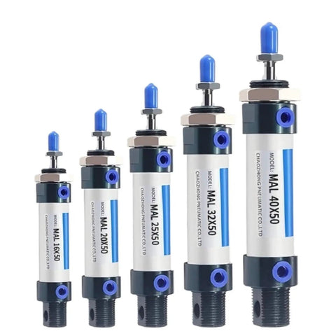 Five MAL series aluminum pneumatic mini cylinders with blue end caps and ports; compact actuators