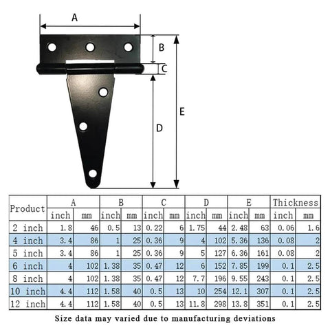 Diagram of Heavy Duty T Strap Hinge 4 Inch Tee Hinge For Shed Gate Barn Fence Doors Rustproof Black 6 Pack with measurements.