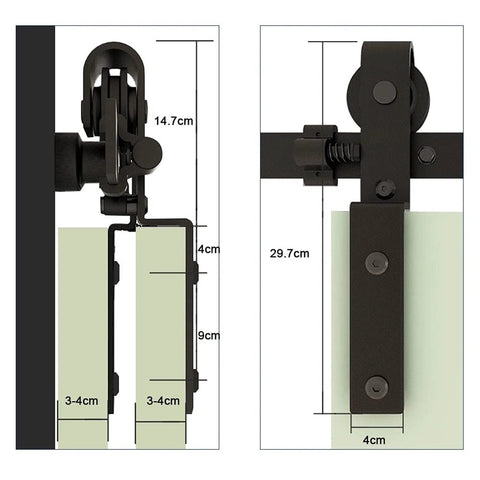 Diagram of heavy duty bypass sliding barn door rail kit with carbon steel tracks showing dimensions and hardware fitting details.