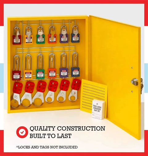 Lockout Tagout Cabinet Kit for Padlocks with open door showing padlock slots and control tags, OSHA compliant LOTO center.