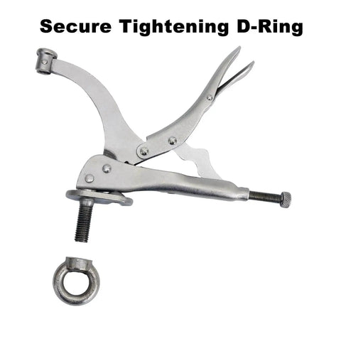 Secure tightening D-ring tool with locking mechanism, shown with open handle, bolt, and washer on a white background.