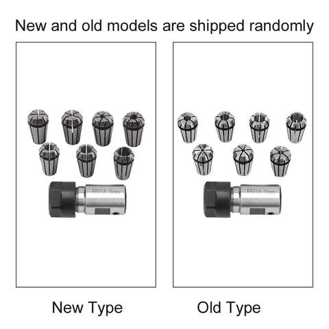 Pro Grade ER11 Collet Set Seven Sizes From 1mm to 7mm with Spring Collets showing new and old models, includes 5mm shaft holder.