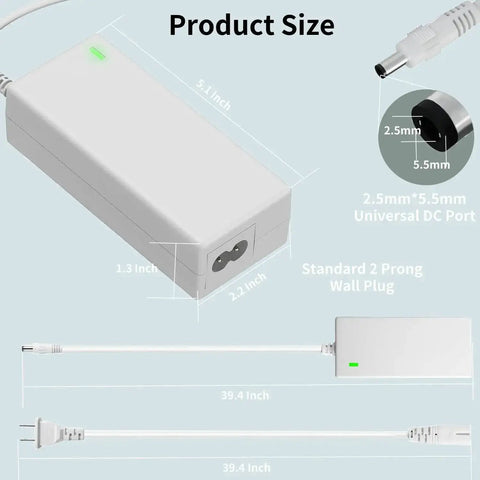 Replacement 18V Power Cord For Cricut Cutting Machines White AC DC Power Adapter size showing measurements and ports.
