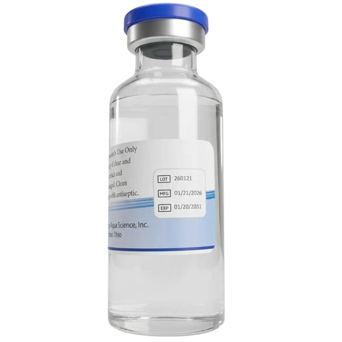 Two Pack 30ml Reconstitution Solution With Premium Glass Vials Made In USA For Ultra Clean Deionized Water Based Formula Ready To Use In Labs Clinics Or Home Reconstitution - close-up view of glass vial with clear liquid.