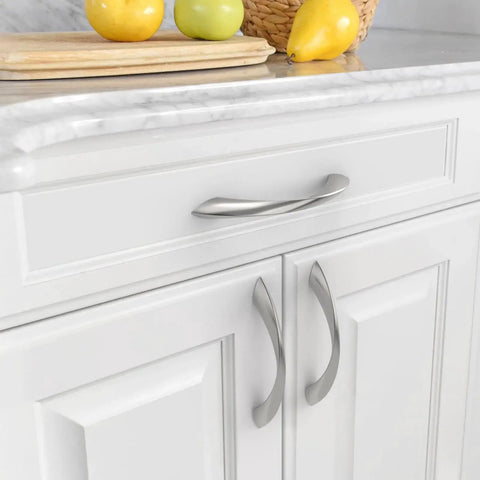 10 Pack 3.75 Inch Brushed Satin Nickel Cabinet Pulls Arch Twisted Design Zinc Alloy Kitchen Handles Installed on White Cabinet