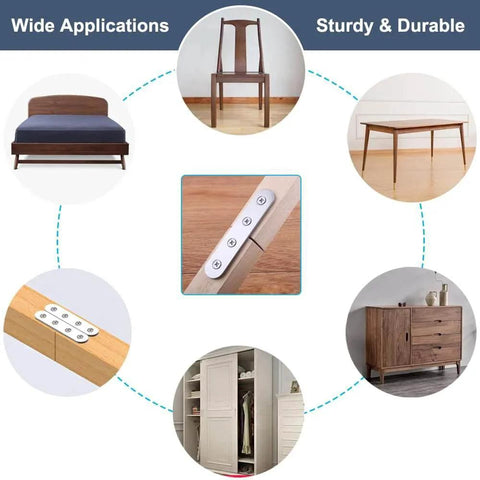 Image showing uses of 8 Pack 4 Inch Stainless Steel Flat Straight Mending Plates Heavy Duty Repair Brackets With 4 Countersunk Holes And Screws on furniture joints.