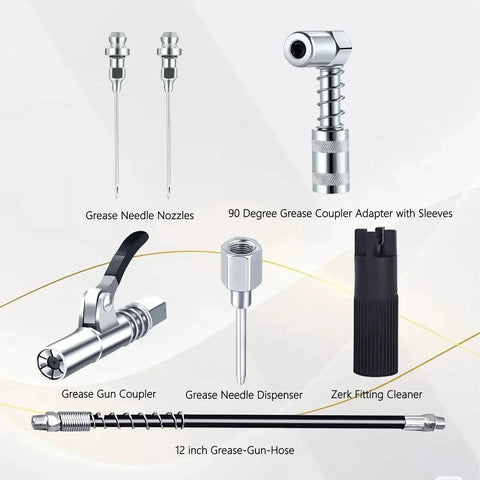 Grease Gun Accessory Kit With Needle Dispenser And Two Needle Nozzles, 90 Degree Coupler Adapter With Sleeves, Durable Grease Gun Coupler, 12 Inch Hose, And Zerk Fitting Cleaner for quick lube on cars, trucks, machinery, bikes, and outdoor gear.