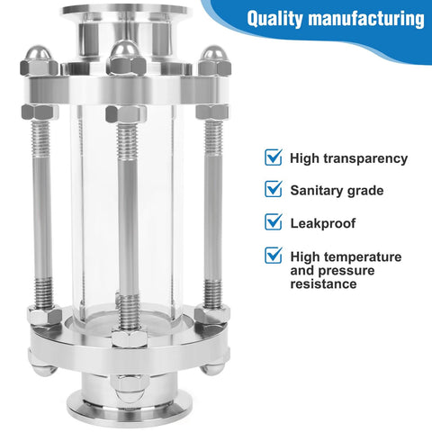 JMCOLMT in-line sight glass with 1.5-inch tri-clamp ends, stainless steel, sanitary straight sight glass for 38mm OD pipe
