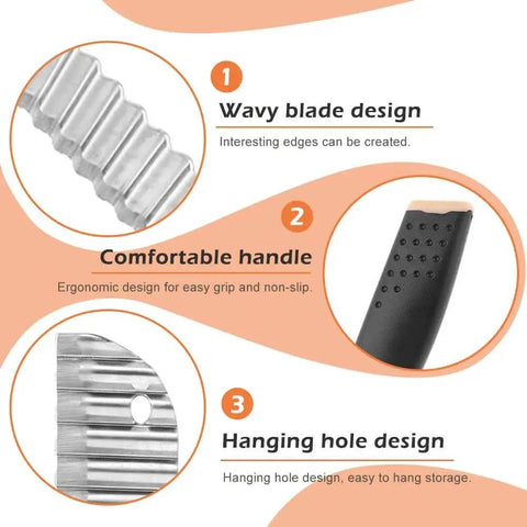 Black Crinkle Cutter With Onion Holder And P Type Peeler features wavy blade, ergonomic handle, and hanging hole design.