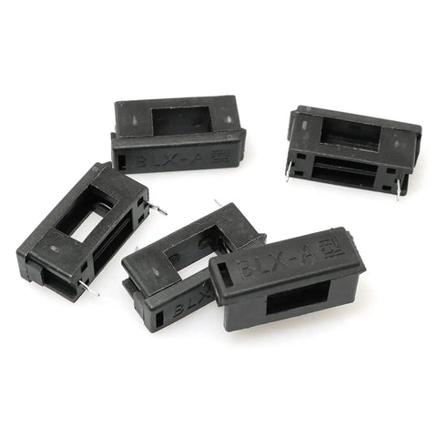 30 Pack 5x20mm PCB Mount Fuse Holders With Cover, Black Plastic Fuse Seats For 250V 10A Circuits, model BLX-A, shown in black.