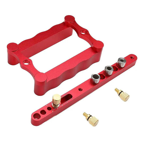 Self Centering Doweling Jig For Woodworking Drill Guide With 1/4 Inch, 5/16 Inch, And 3/8 Inch Positioner Locators, Edge Drilling And Even Hole Spacing, Pro Grade Punch Jig, Red Wave Hardware, shown in red components on a white background.