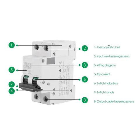 Two Pole 250V DC Miniature Circuit Breaker For Solar PV And Grid Systems DIN Rail Mount Quick Trip DC Breaker 63A features labeled.
