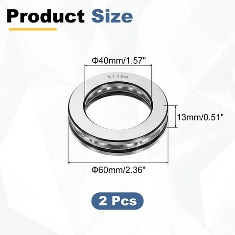 Thrust ball bearing 51108, chrome steel, 60mm OD, 40mm bore, 13mm thick, ABEC5, 2 pcs