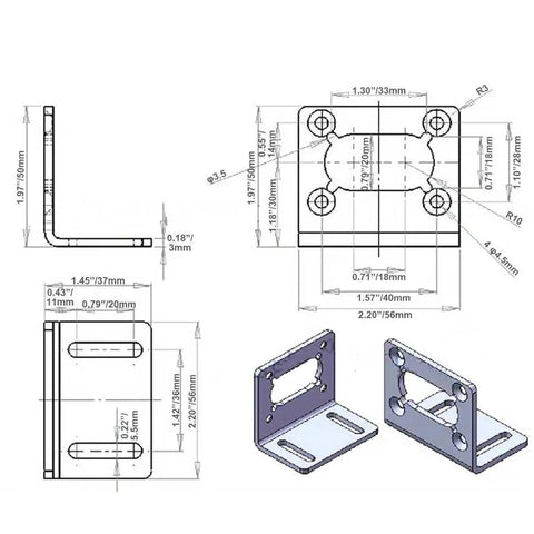 Technical diagram of Mini Mounting Bracket For A58 Worm Gear DC Motor With 8mm Shaft, 12V Or 24V DC, Compact Motor Body