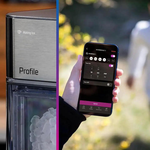 Close-up of GE Profile Opal 2.0 Nugget Ice Maker With Side Tank Pellet Ice WiFi 38 Lb 24 Hr and phone app control interface.