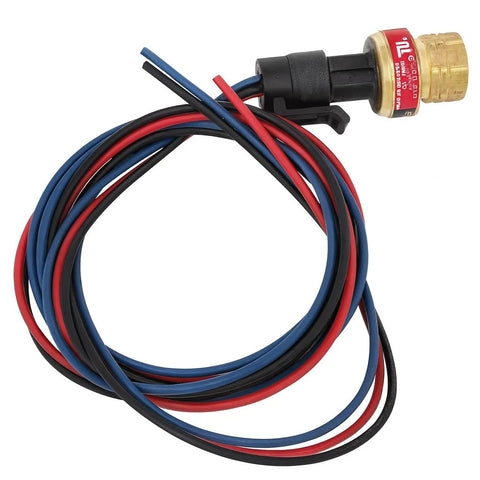 ICM 380 pressure transducer sensor with brass Schrader fitting and red, blue, black leads, 3-wire connector