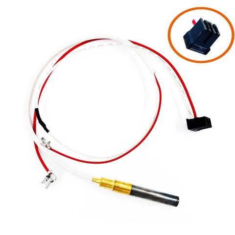 MENSI milivolt thermopile replacement kit for gas water heaters; white and red leads with brass sensor tip and black connector.