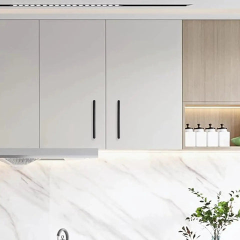 Matte Black Cabinet Handles 3.75 Inch Center To Center 96mm installed on modern kitchen cabinets, showing zinc alloy drawer pulls, 10 pack.