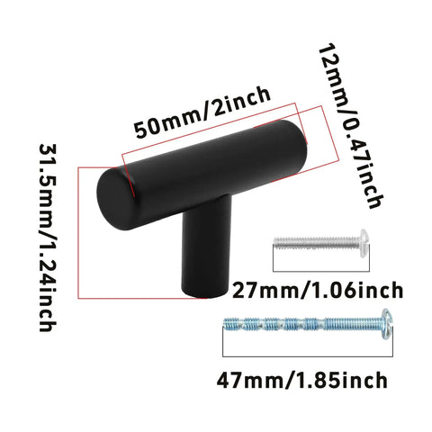 Six Pack 2 Inch T Bar Cabinet Knobs In Brushed Nickel Finish, shown with dimensions and included mounting screws