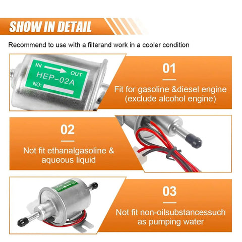 12 Volt Inline Fuel Pump For Gas And Diesel Engines, 3 To 6 PSI, with installation instructions, close-up view