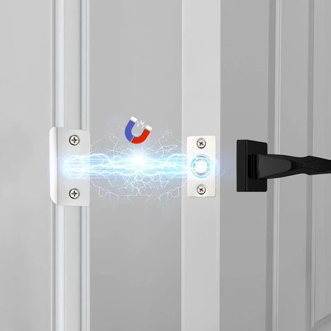4 Pack Strong Magnetic Door Catch Set for Closet and French Doors installed, showing hidden magnetic ball latch engaging with door frame
