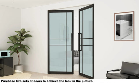 36 In By 84 In Full Lite Opaque Frosted Glass Interior Pivot Door With Black Steel Frame And Pivot Hinge Hardware Kit Slick Frameless European Style Office Door For Modern Commercial Spaces, installed view