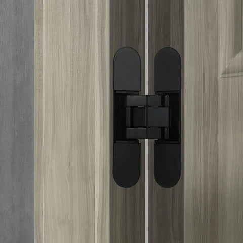 Hidden Door Hinges Pack Of 2, 6 Inch, Upgraded Invisible Concealed Hinge System, installed on wood panel, black finish, 180 degree swing