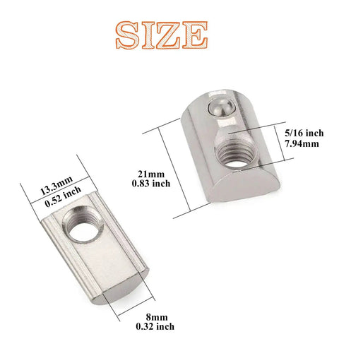 Set Of Fifteen Five Sixteenth Inch Eighteen Thread T Nuts Spring Loaded With Ball Bearings In Silver Zinc Plated Carbon Steel, size diagram