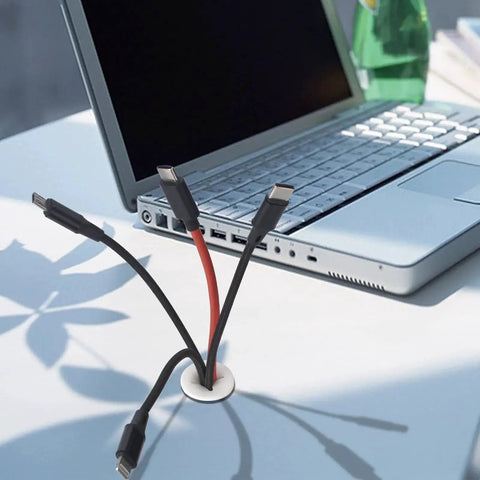Silicone Cable Grommet Set, 12 pcs 3/4 Inch Hole Covers, installed on desk with laptop and cables, white finish for cable management