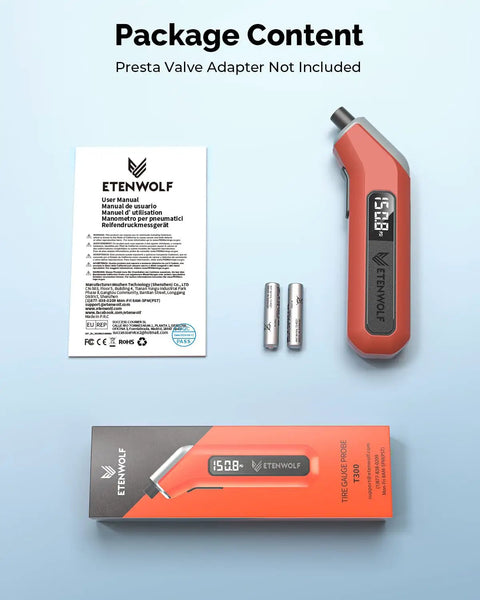 Digital Tire Pressure Gauge T300 3-200 PSI Calibrated to ANSI B40.7 Grade 2A With Replaceable AAA Batteries In Vivid Orange showing accessories and user manual.