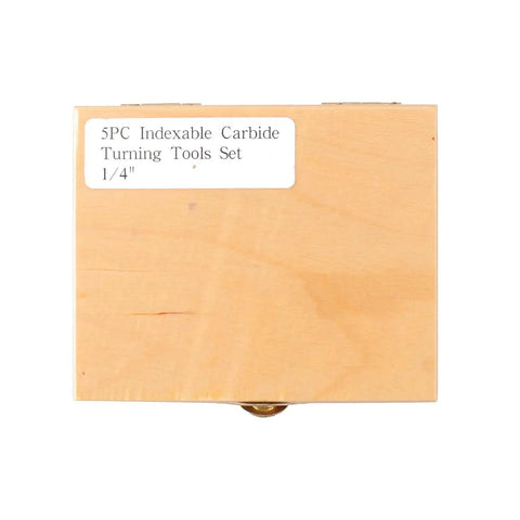 Wooden box labeled '5PC Indexable Carbide Turning Tools Set 1/4' containing Five Piece Indexable Carbide Turning Tools Set With One Quarter Inch Shank For Turning Facing Boring And Chamfering Includes AL AR BL BR And E Style Holders And Rotatable Carbide Inserts Fits Most Mini Lathes And Bench Top Machines Oudtinx.