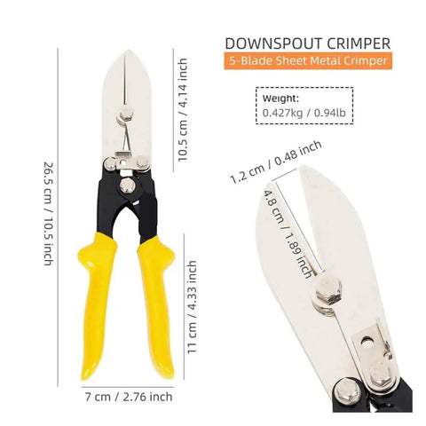 Beefy Pro Grade Heavy Duty 5-Blade Hand Cable Crimper, stainless steel with yellow grips, dimensions and weight shown.