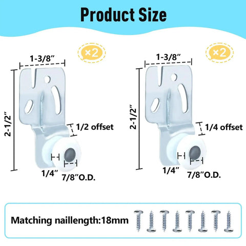 Closet Sliding Door Roller Kit For Top Hung Doors, Fits Three Quarter Inch To One And Three Eighths Inch Thick Panels, Includes Eight Screws, Made From Galvanized Steel For Corrosion Resistant Durability, Seven Eighths Inch Roller Diameter.