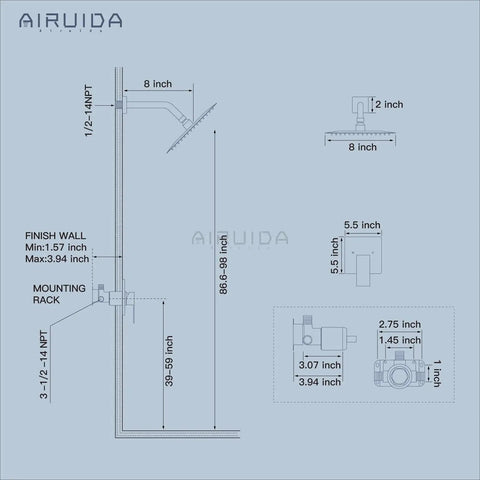 Diagram of Matte Black 8 Inch Rain Shower System With SUS304 Stainless Steel Shower Head And Single Handle With Male Threads Rough In Valve Brass Mixer Wall Mount Trim Kit showing measurements.