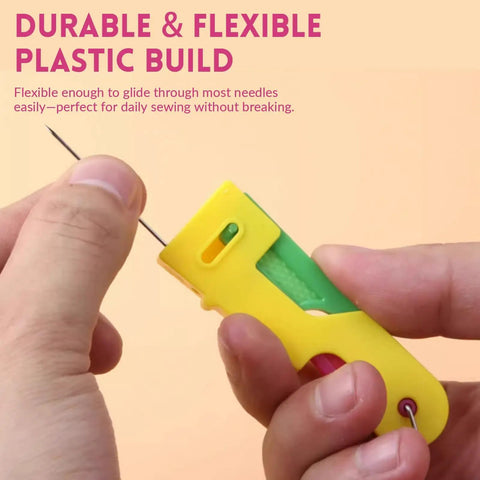 Hand holding a colored Senior Friendly Automatic Needle Threader Set For Sewing Machines, Lightweight Plastic Auto Threader Tool