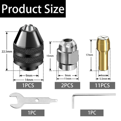 Product size chart for 16Pcs Drill Chuck Collet Set With 0.5mm To 3.2mm Brass Collets including wrenches and adapters