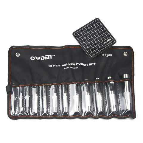 12 Piece Leather Hole Punch Set With Free Cutting Mat, Hollow Punch Kit in pouch, high carbon steel construction, 12 punch sizes visible.