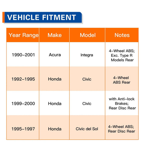Vehicle fitment chart for Rear Wheel Bearing And Hub Assembly 513105 For Acura Integra 1990-2001, Honda Civic 1992-2000, Civic Del Sol 1995-1997