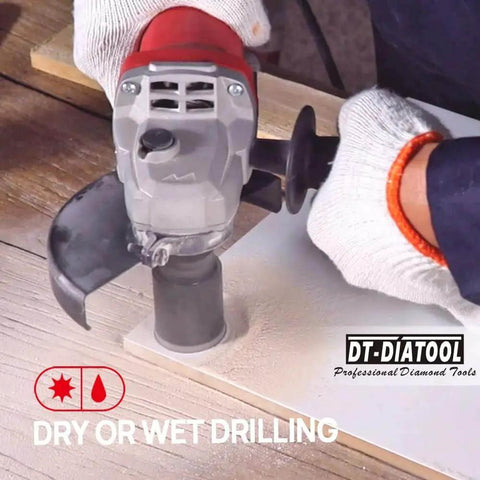 Pro Grade Diamond Core Drill Bits Set For Porcelain Tile Ceramic Tile Marble Granite And Stone Dry Or Wet Drilling 19mm 25mm 32mm 51mm Holes 15mm Diamond Height 50mm Working Length Grinder Ready 6000 RPM Recommend 11000 Max in use for dry drilling on tile with electric grinder.